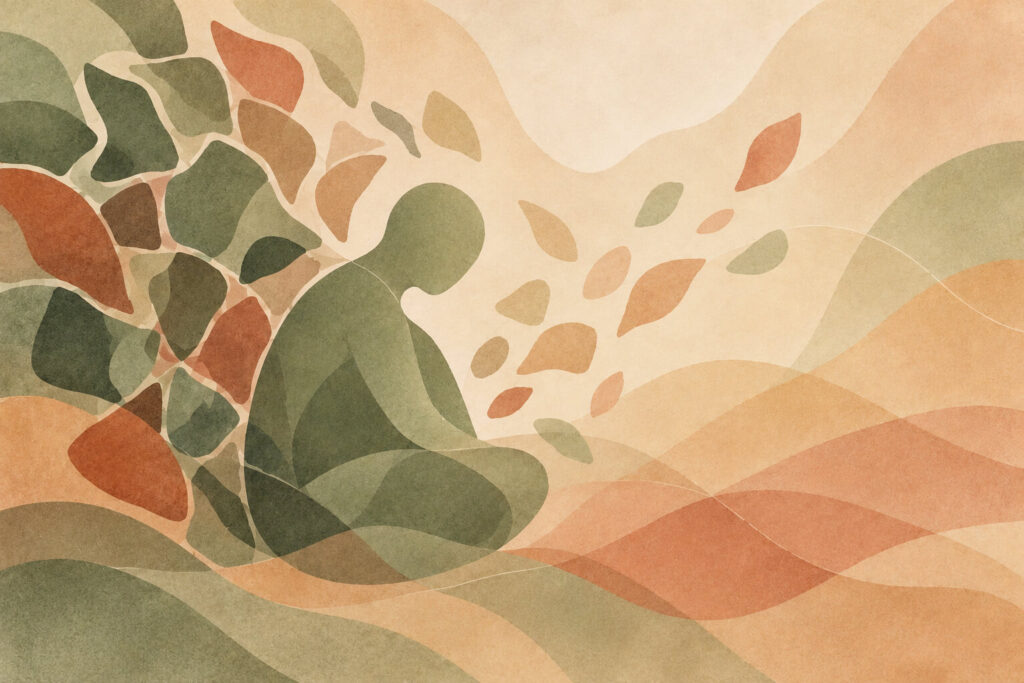 Abstract illustration of a seated figure surrounded by fragmented shapes, symbolizing trauma, PTSD, and the healing process.