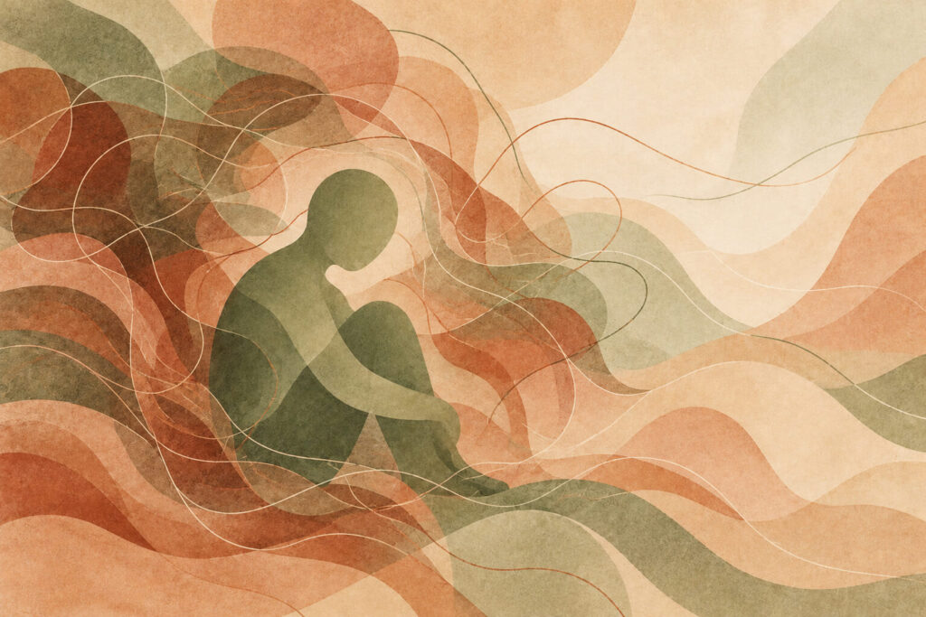 Abstract illustration of a seated figure surrounded by tangled lines and swirling shapes, representing anxiety, stress, and panic.