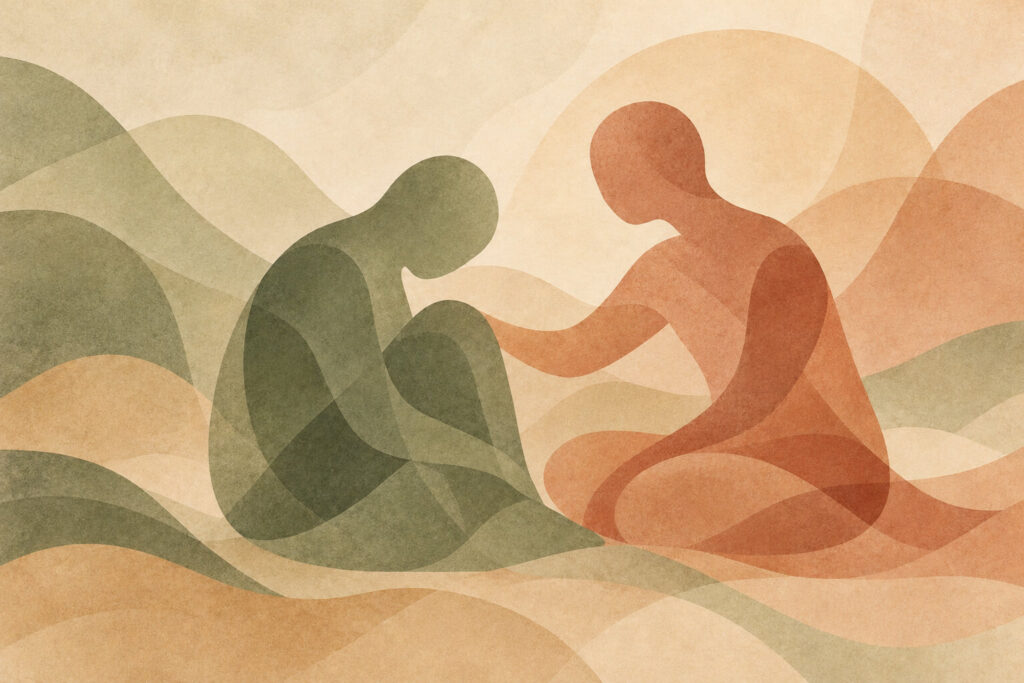 Abstract illustration of two seated figures, one reaching toward the other, symbolizing compassion and support during depression.