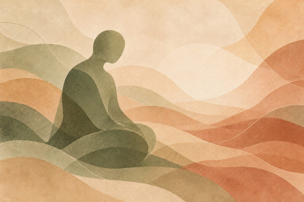 Abstract illustration of a solitary seated figure surrounded by soft, flowing shapes, representing grief, loss, and reflection.