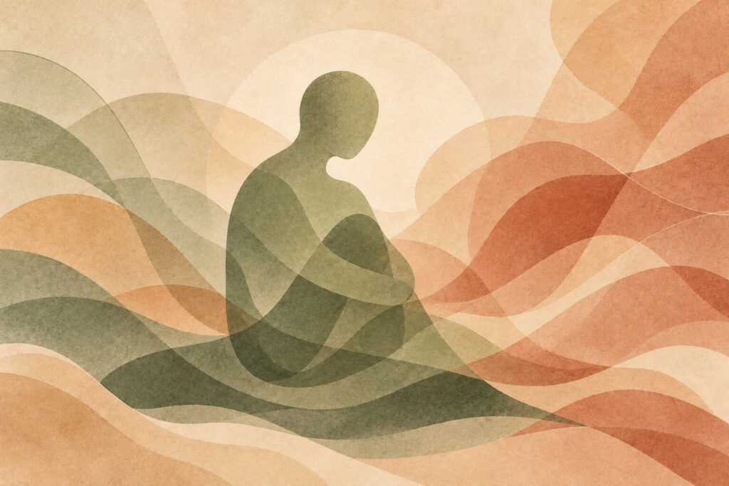Abstract illustration of a seated figure surrounded by contrasting waves, representing betrayal trauma, emotional pain, and partner recovery.