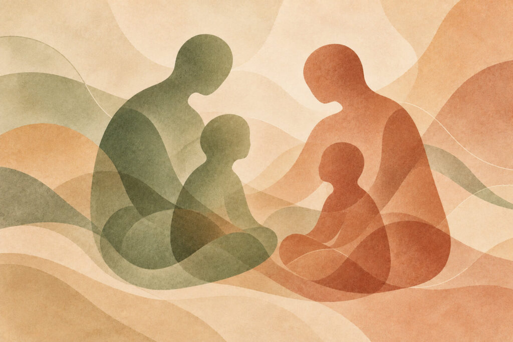 Abstract illustration of two adults and two children seated together, representing family relationships, communication, and counseling.