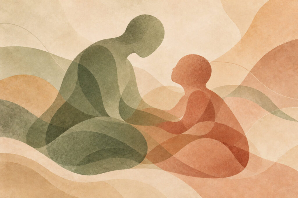 Abstract illustration of an adult leaning toward a child, representing nurturing relationships, parenting support, and understanding. |