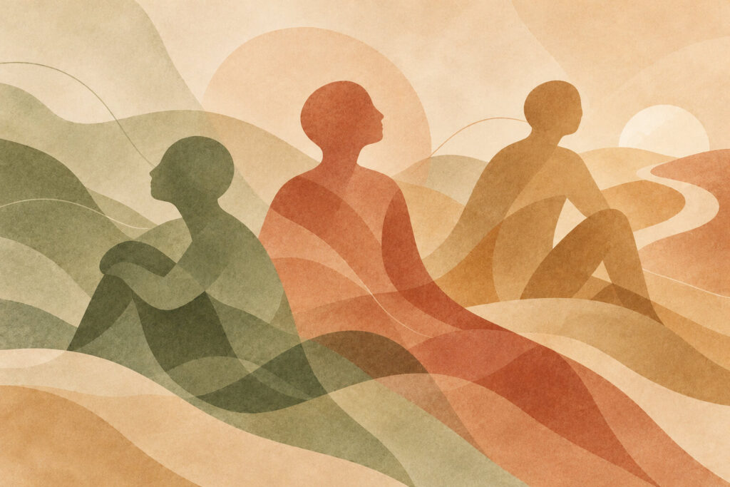 Abstract illustration of three seated figures in a flowing landscape, representing adolescent emotions, identity, and teen counseling.