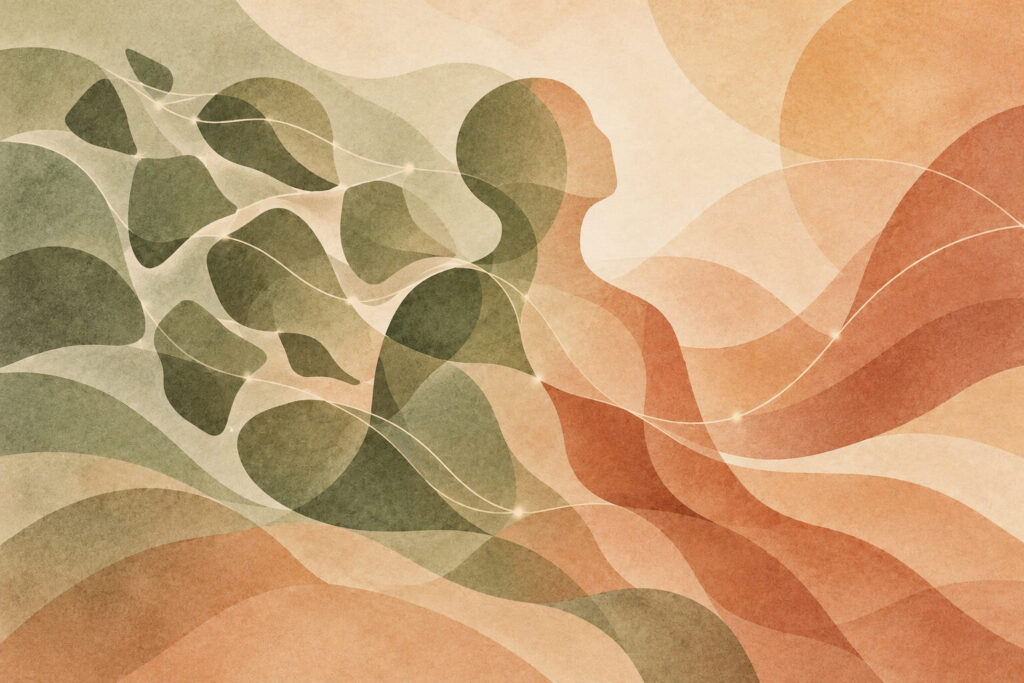 Abstract illustration of a figure surrounded by fragmented shapes and connecting lines, representing trauma processing and EMDR therapy.