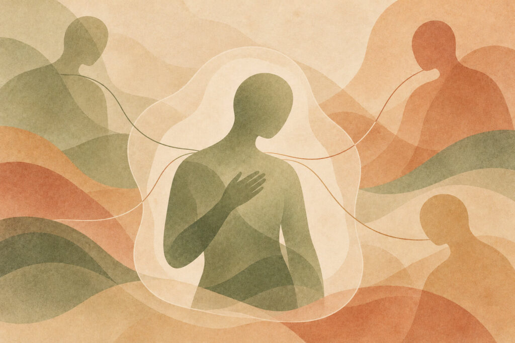 Abstract illustration of a central figure with a hand over their heart, surrounded by other figures, representing personal boundaries and self-care.