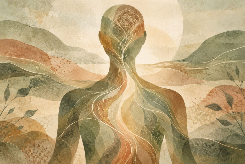 Abstract illustration of a human silhouette with flowing lines connecting the brain and body, representing somatic therapy and mind-body awareness.